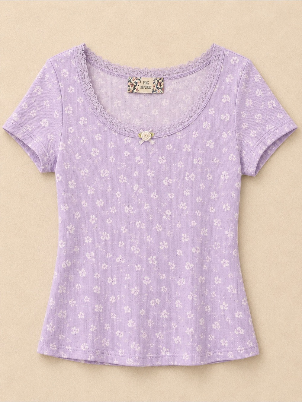 Pink Republic Y2K Lavender Baby Tee Floral Lace Trim Top Small